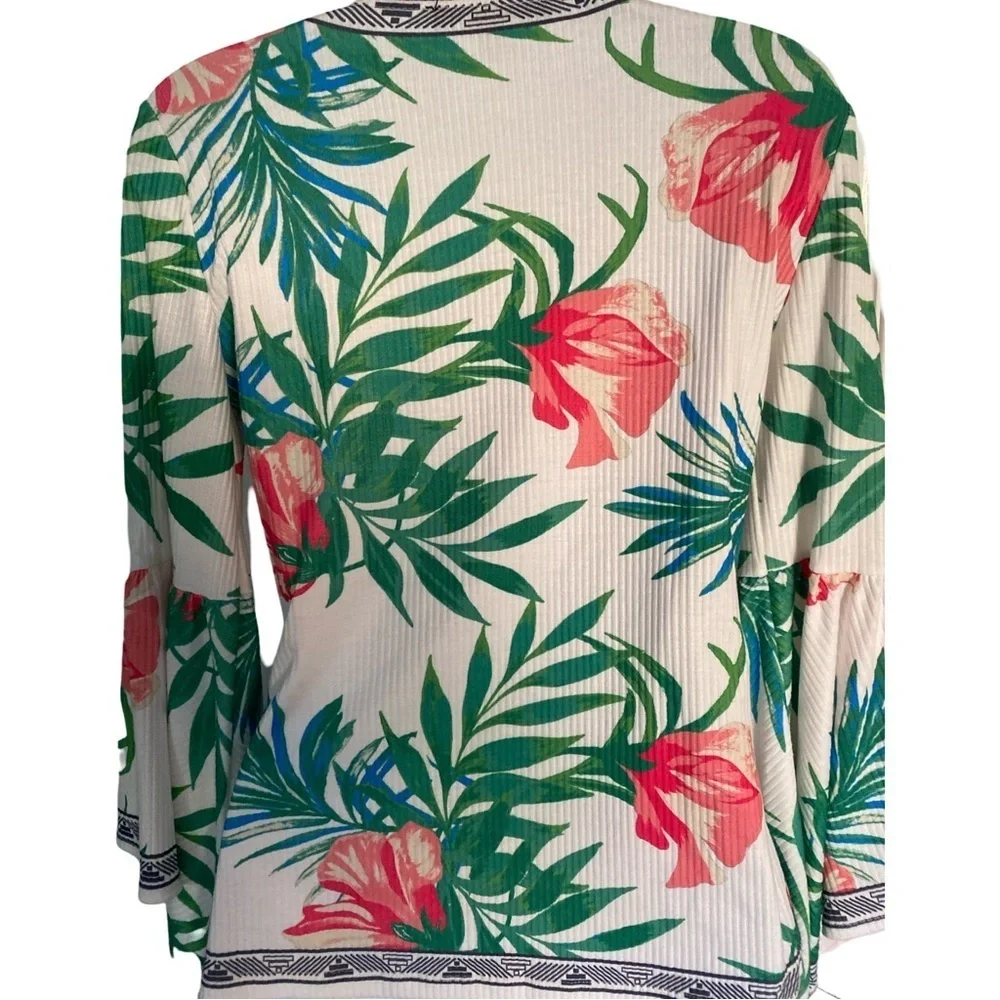 Boston Proper Bell Sleeved Floral Top - S white green orange , poly spandex